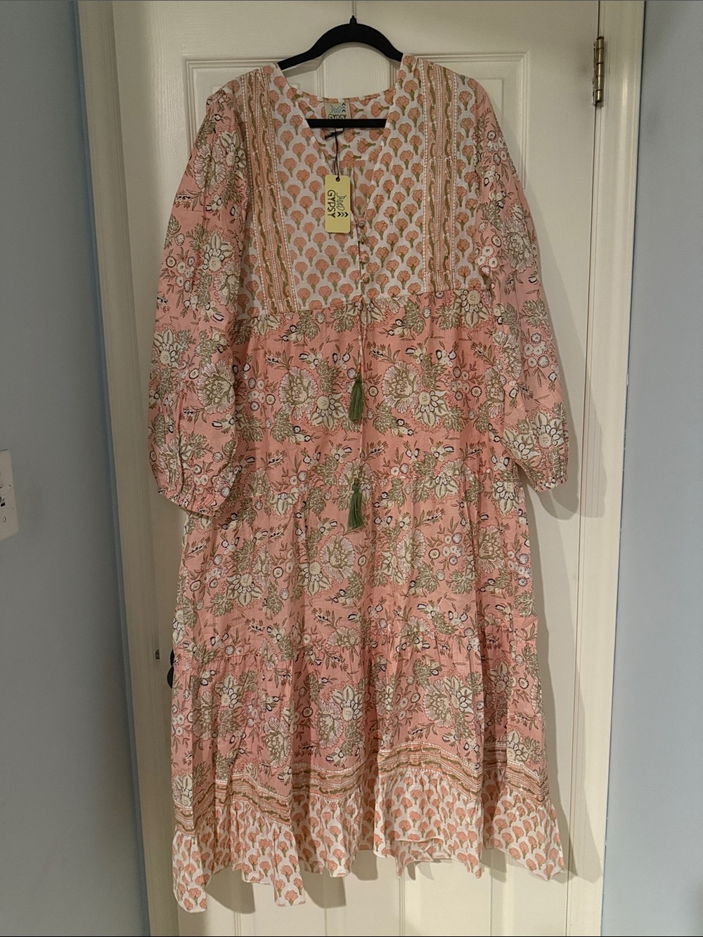 Boho Pink Floral Maxi Dress w Tassel Tie boho prarie farmgirl cottagecore